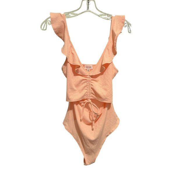 Le Lis Ruffled Ribbed Thong Apricot Bodysuit Ruched Tie Key Hole Front Sz M - Picture 1 of 7